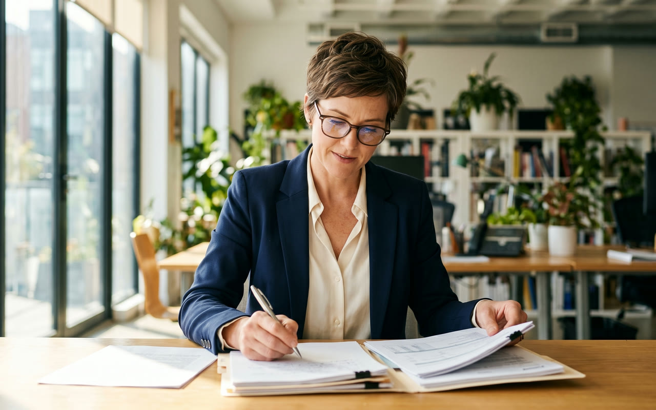 Small business owner comparing a revolving line of credit and a term loan on a laptop at the counter