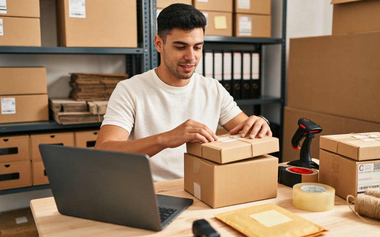 Distribution warehouse with delivery trucks being loaded at loading docks, small business funding for distributors