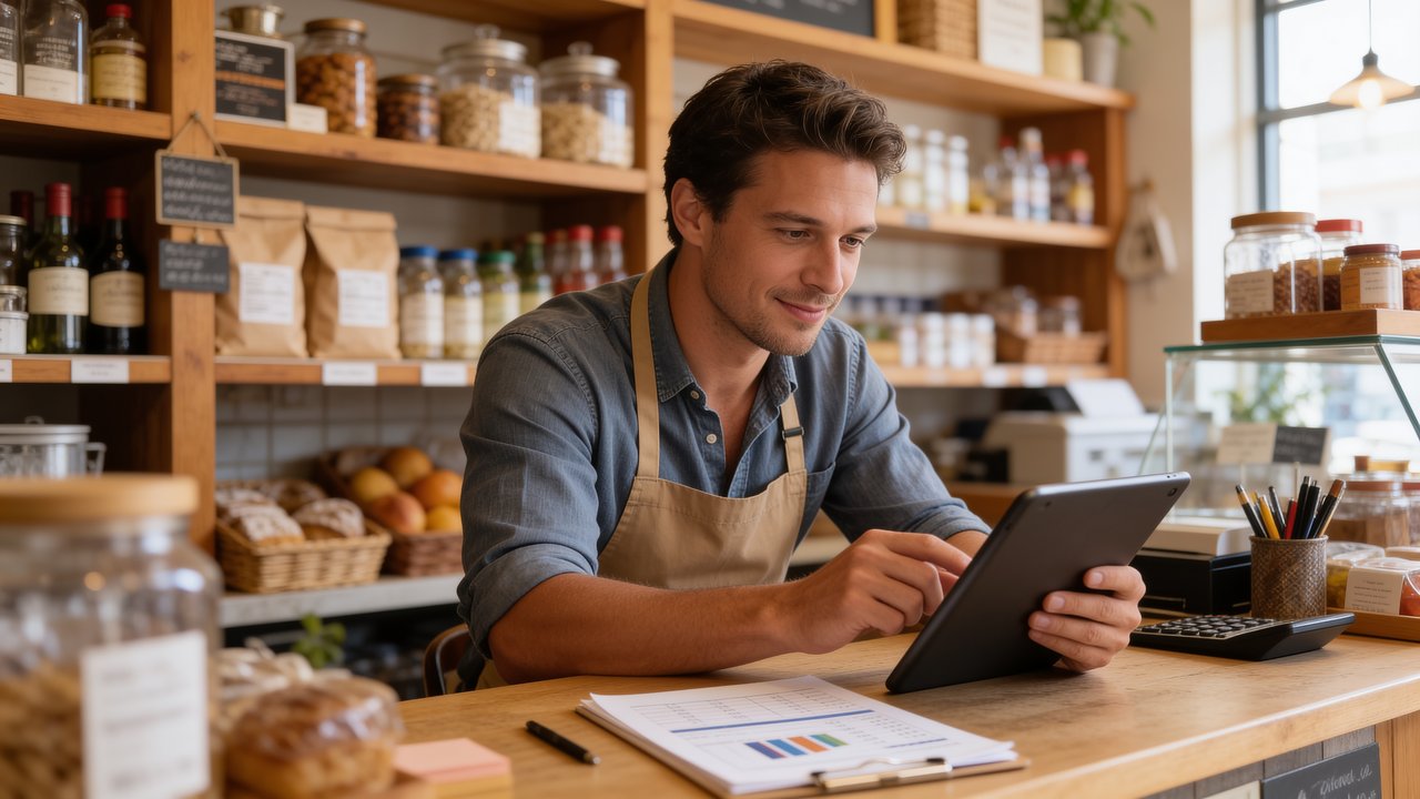 Small business owner comparing a business credit card and a business line of credit at a desk