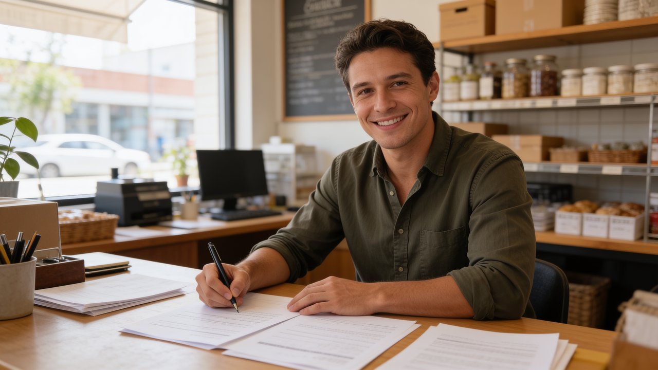 Business owner reviewing loan paperwork and bank statements at a desk - how to renew a business loan.