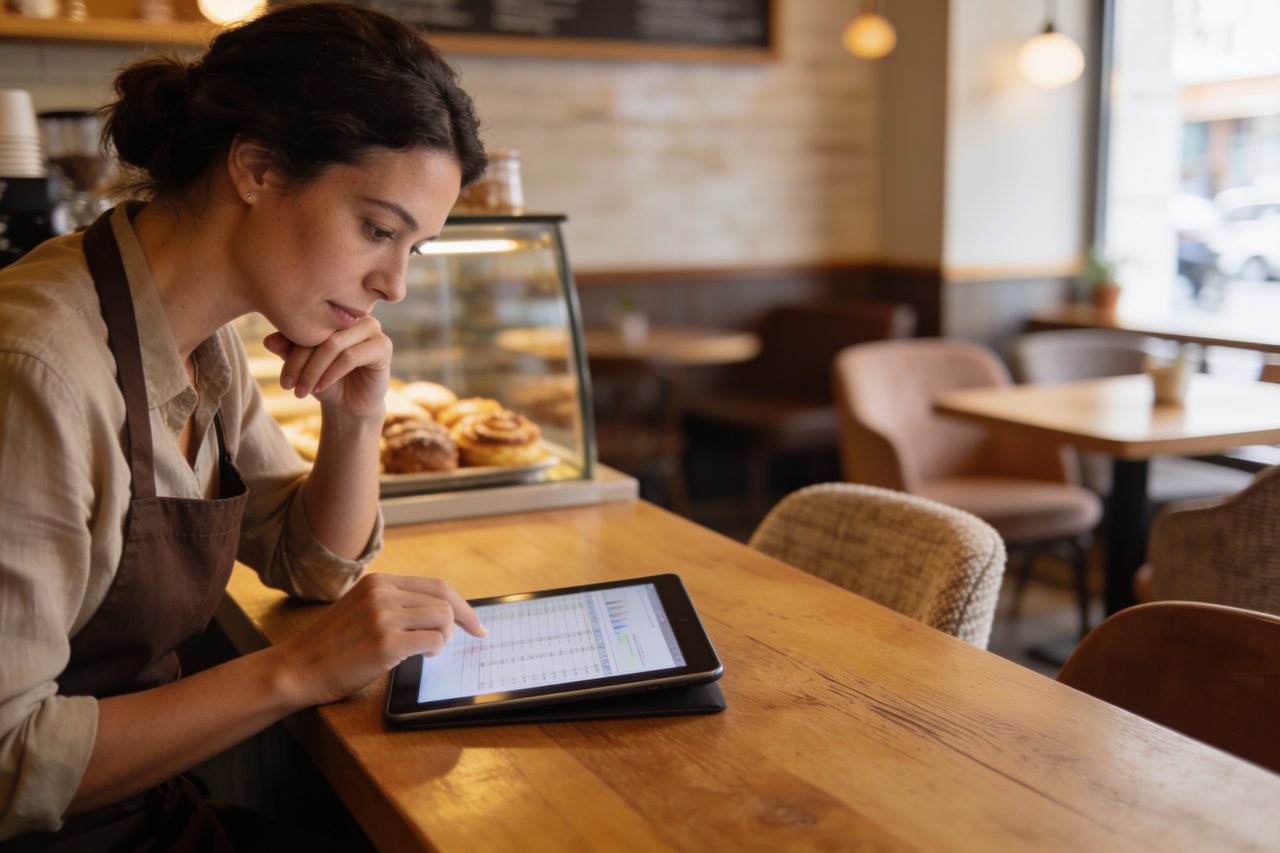 Cafe owner reviewing her business finances on a tablet at the counter