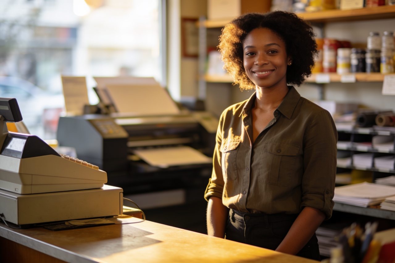 Print shop owner standing at the counter of her small business