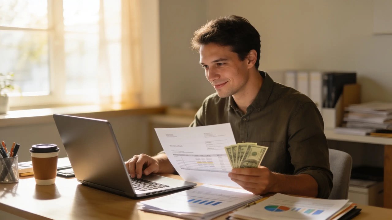 Business owner reviewing cash-flow charts on a laptop at a desk - business funding to bridge a cash-flow gap