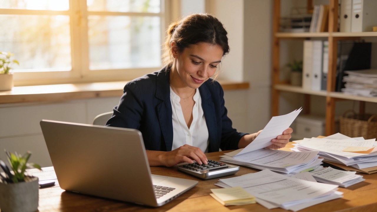 Business owner organizing loan statements and a laptop at a desk to consolidate debt - business funding to consolidate business debt