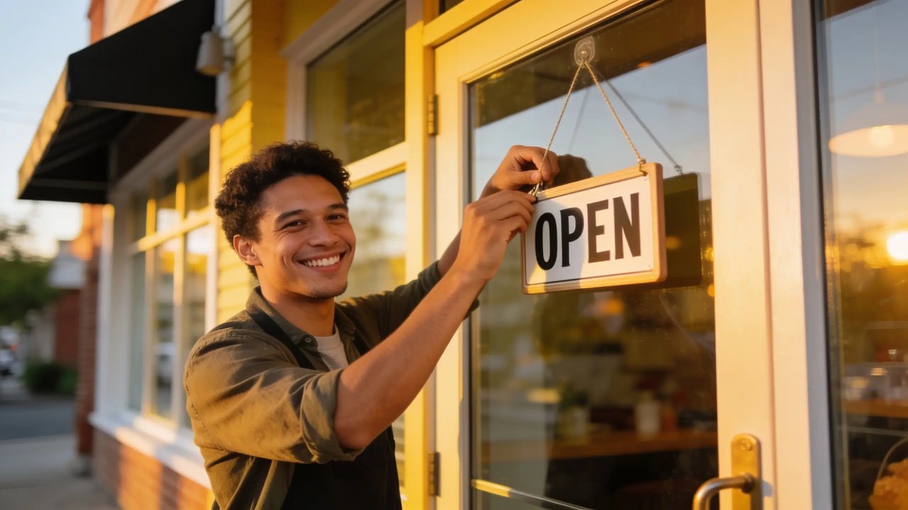 Small business owner unlocking the door of a new shop on opening day - business funding to open a new business