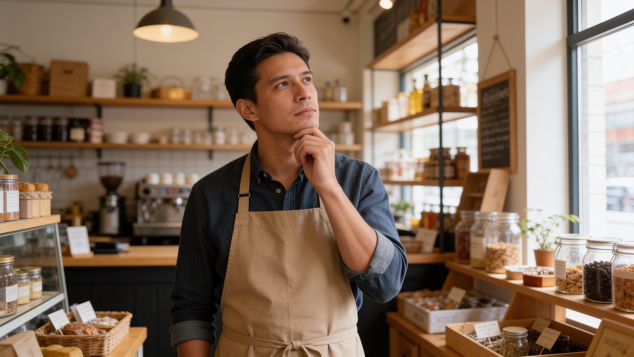 Small business owner comparing a revolving line of credit and a term loan on a laptop - revolving vs term business debt.