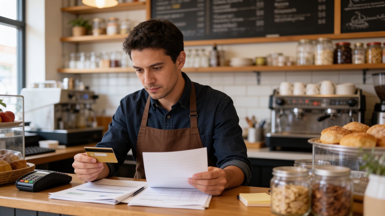 Small business owner holding a business credit card next to a laptop showing a credit line - business credit card vs line of credit.