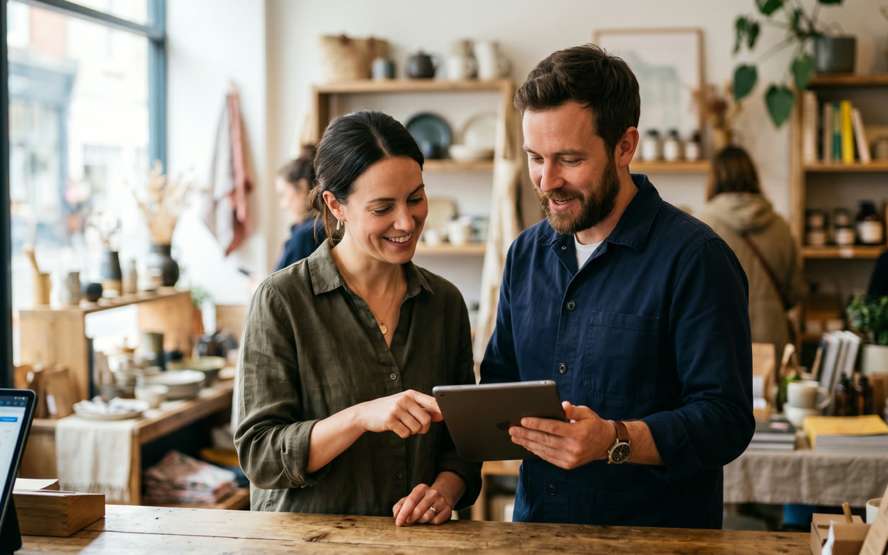 Business owner meeting with a funding broker and asking questions across a desk