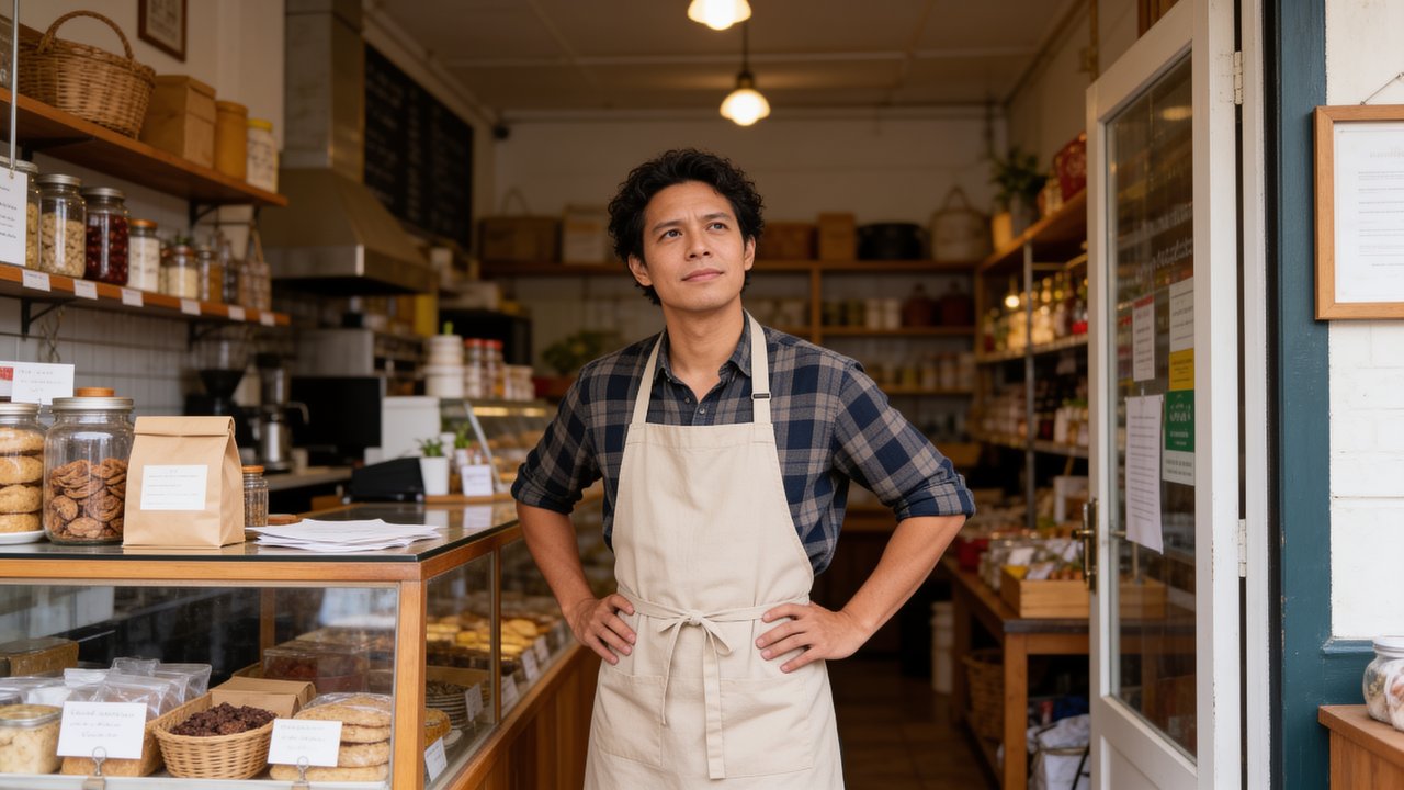 Small business owner reviewing bank statements at a desk while planning a financial fresh start