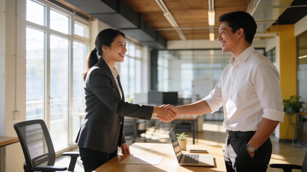 Small business owner asking questions across a desk from a funding broker - questions to ask a funding broker before you sign.
