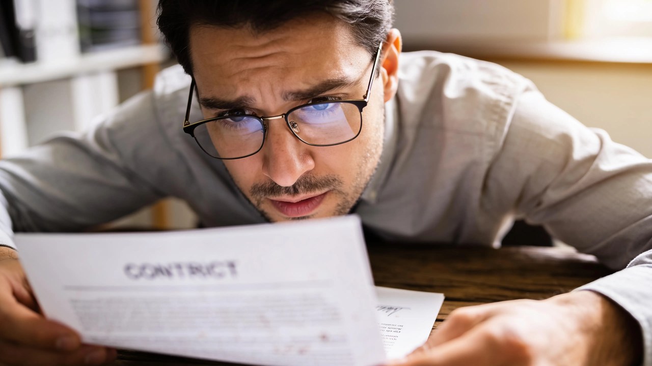 Business owner spotting warning signs in a funding contract at a desk - red flags in a business funding offer.