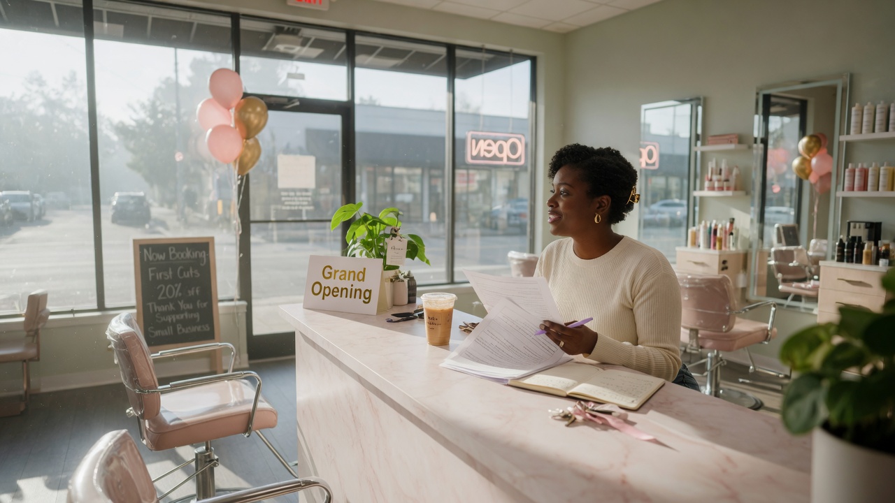 Salon owner reviewing paperwork on her grand opening day